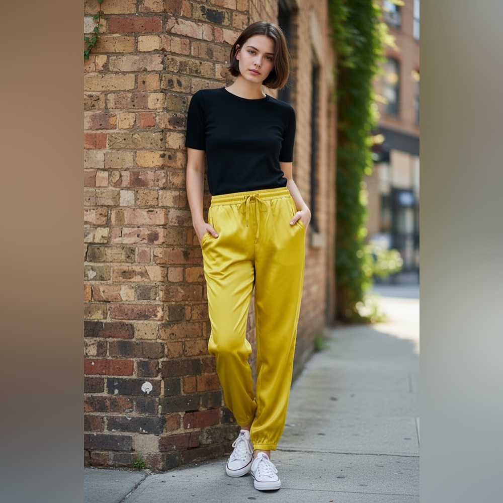 Lanston yellow satin pant joggers size‎ small